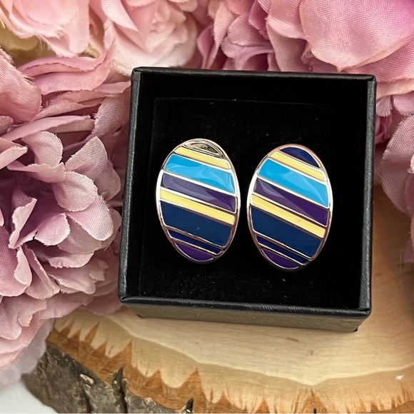 Oval Navy, Blue, Silver and Yellow Stripe Cufflinks - Picture 14 of 16